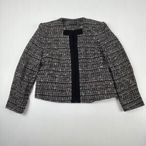 Brooks Brothers Blazer Womens 14‎ Black White Tweed Boucle Collarless Hook Italy
